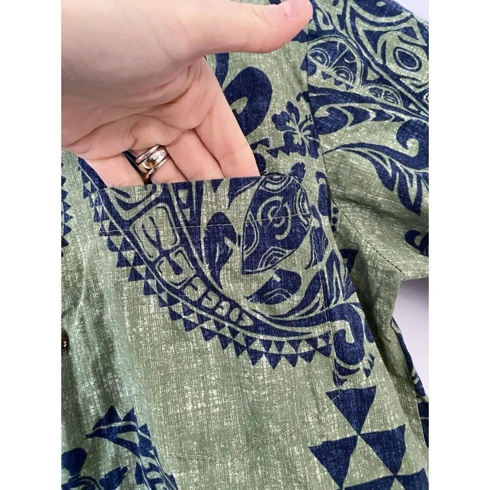 RJC Mens Size S Green & Blue Hawaiian Shirt Geometric Floral Print Made in USA